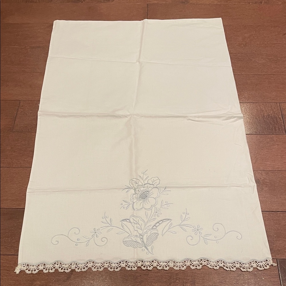 Embroidered Floral Pillowcase with Lace Trim